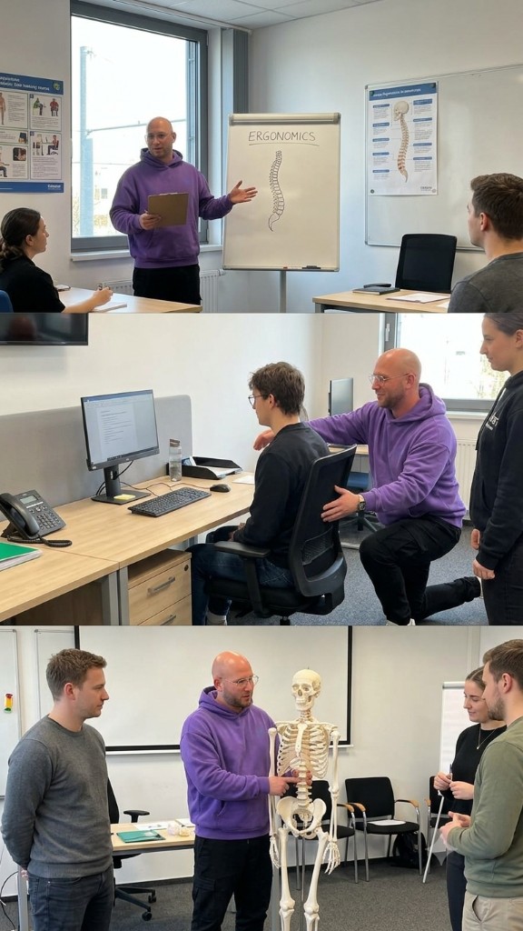 Ergonomie-Schulung: Arbeitsplatzprüfung und Haltungs-Demonstration